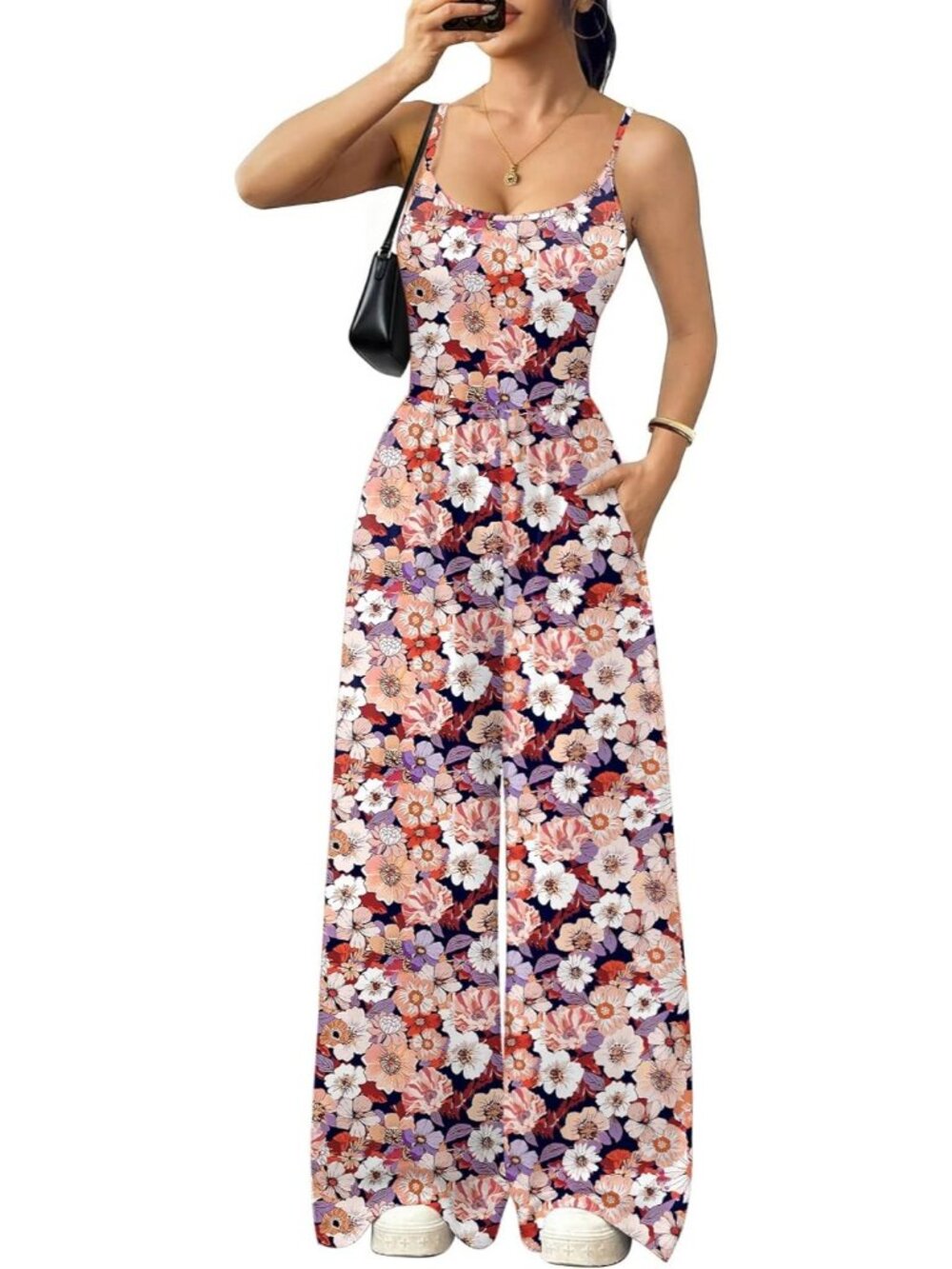 Women's Orange White Summer Casual Tummy Control Sleeveless Wide Leg Romper